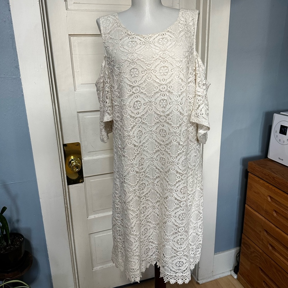 Off white open shoulder lace dress